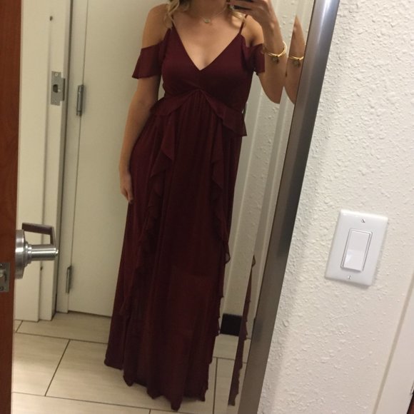 Express Cold Shoulder Ruffle Maxi Dress, Burgundy, S - Picture 4 of 7